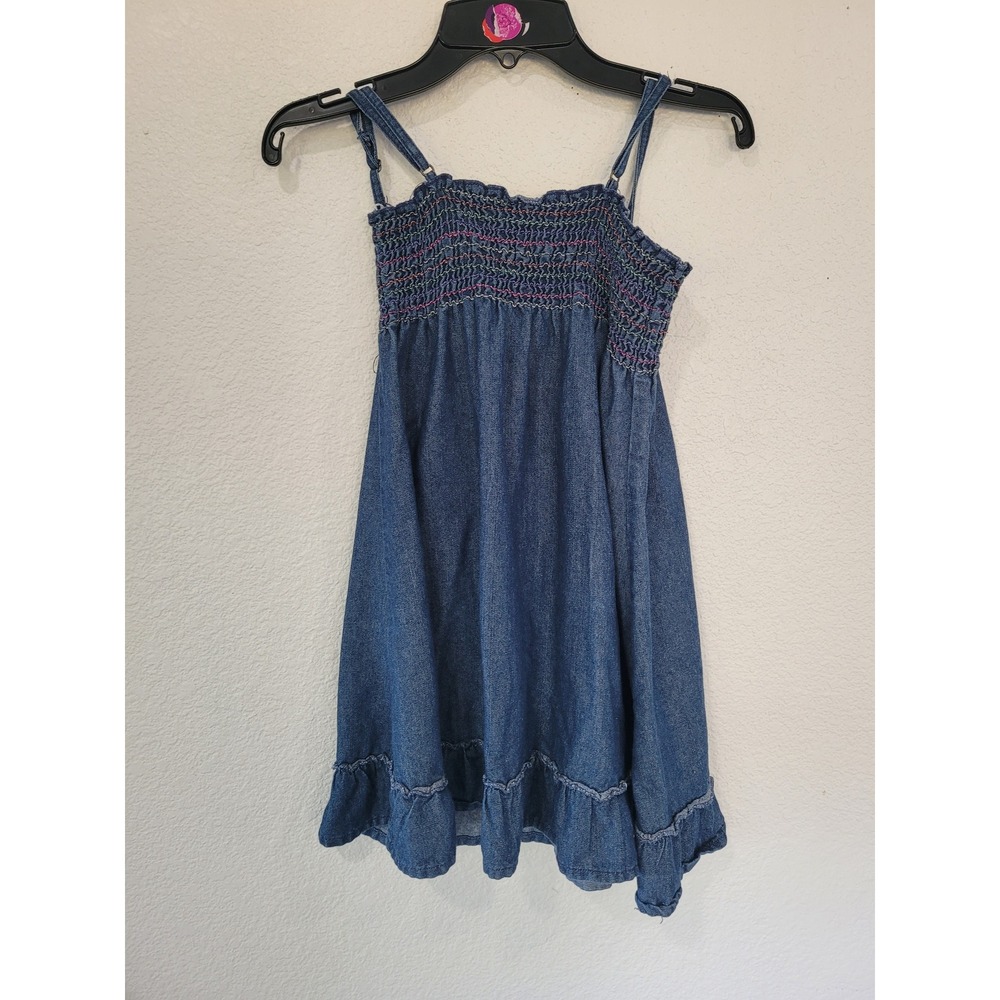 Star Ride Girls Denim Smocked Rainbow Sundress Blue Ruffle Hem Size‎ 6 #5